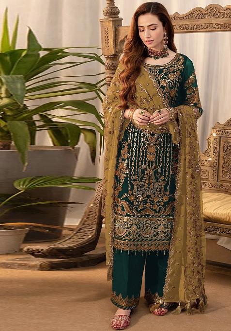 Green Embroidered Silk Palazzo Set With Dupatta