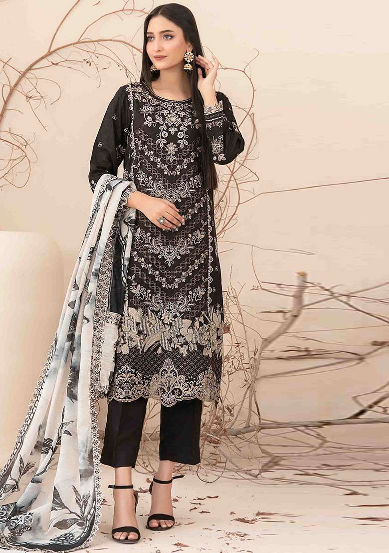 Black Embroidered Cotton Salwar Kameez With Dupatta - Indya