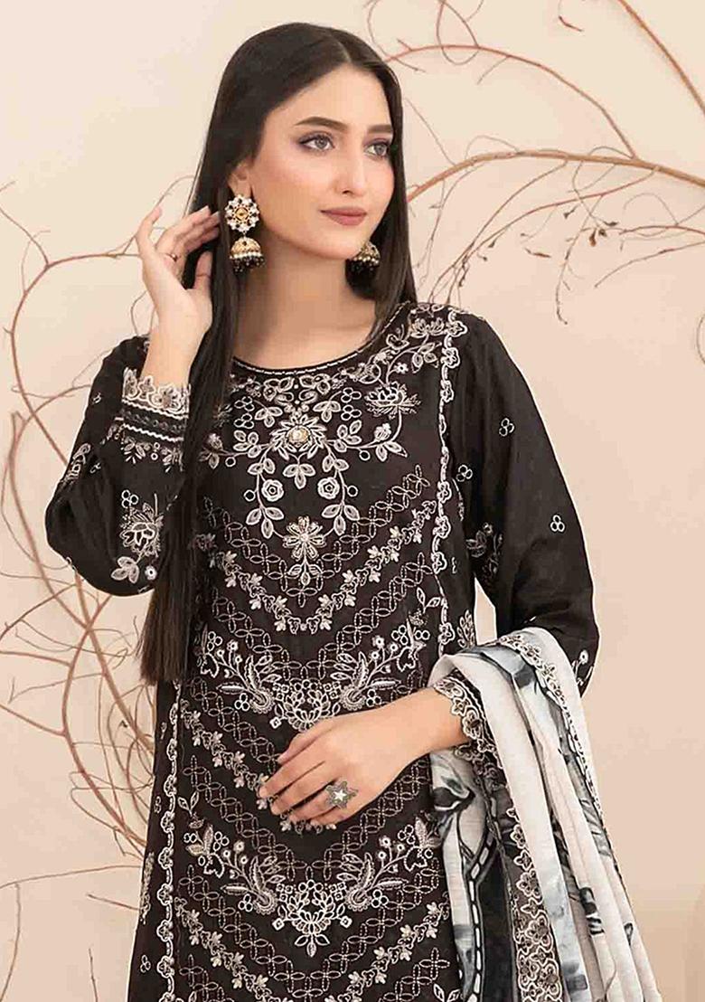 Black Embroidered Cotton Salwar Kameez With Dupatta
