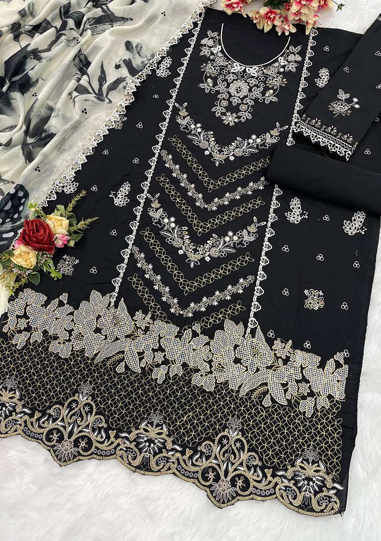 Black Embroidered Cotton Salwar Kameez With Dupatta - Indya