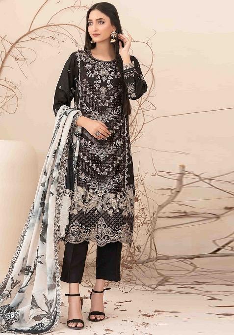 Black Embroidered Cotton Salwar Kameez With Dupatta