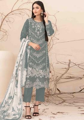 Grey Embroidered Cotton Salwar Kameez With Dupatta