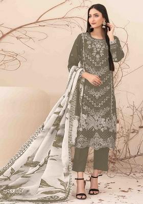 Olive Embroidered Cotton Salwar Kameez With Dupatta