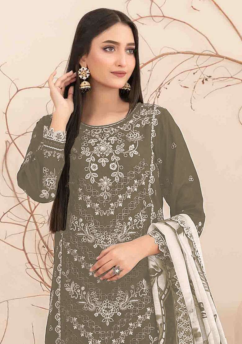 Olive Embroidered Cotton Salwar Kameez With Dupatta - Indya