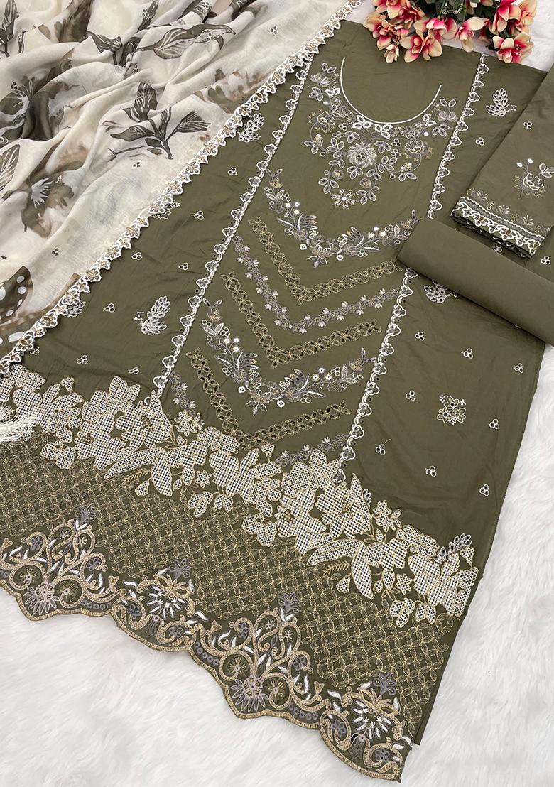 Olive Embroidered Cotton Salwar Kameez With Dupatta