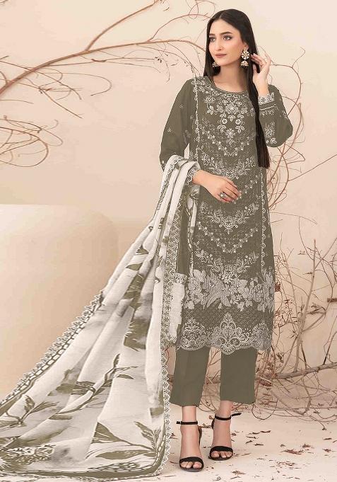 Olive Embroidered Cotton Salwar Kameez With Dupatta