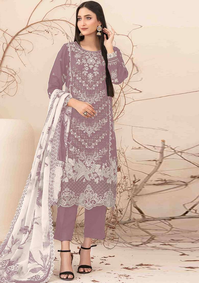 Pink Embroidered Cotton Salwar Kameez With Dupatta - Indya