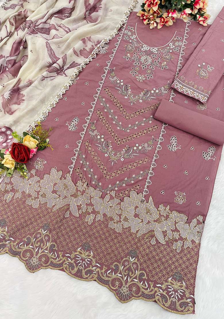 Pink Embroidered Cotton Salwar Kameez With Dupatta - Indya