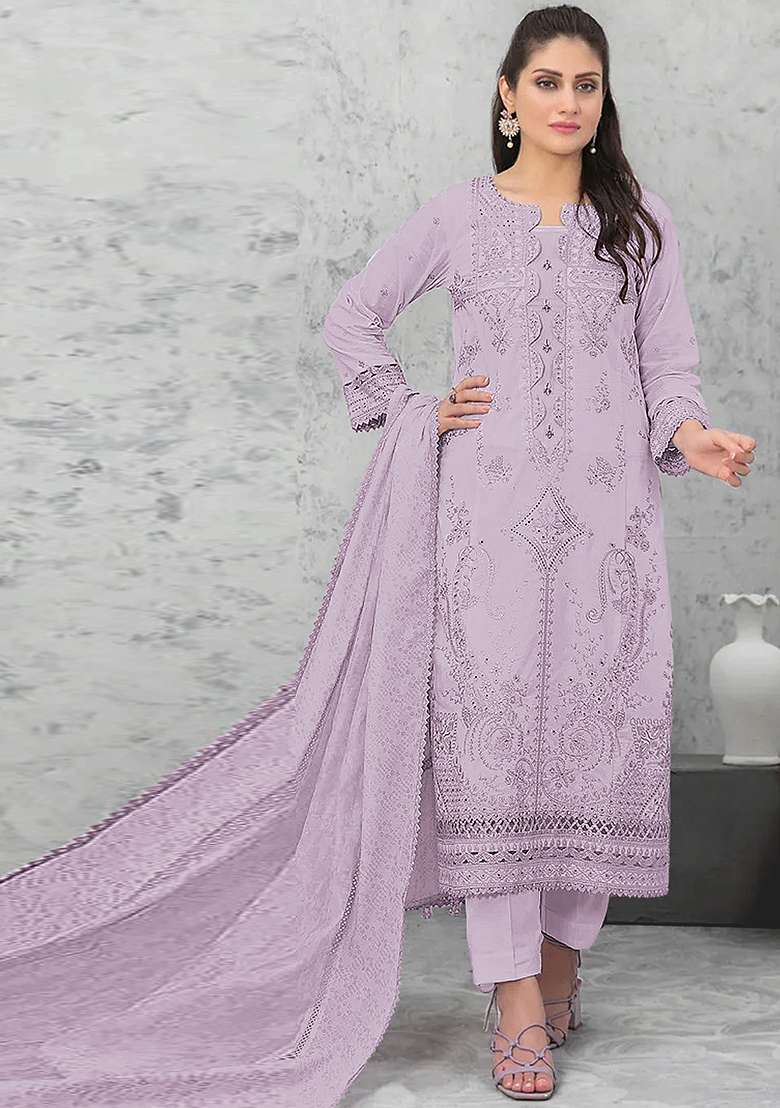 Light Lavender Embroidered Cotton Salwar Kameez With Dupatta - Indya