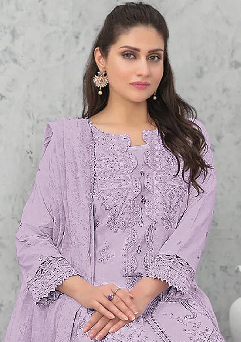 Light Lavender Embroidered Cotton Salwar Kameez With Dupatta