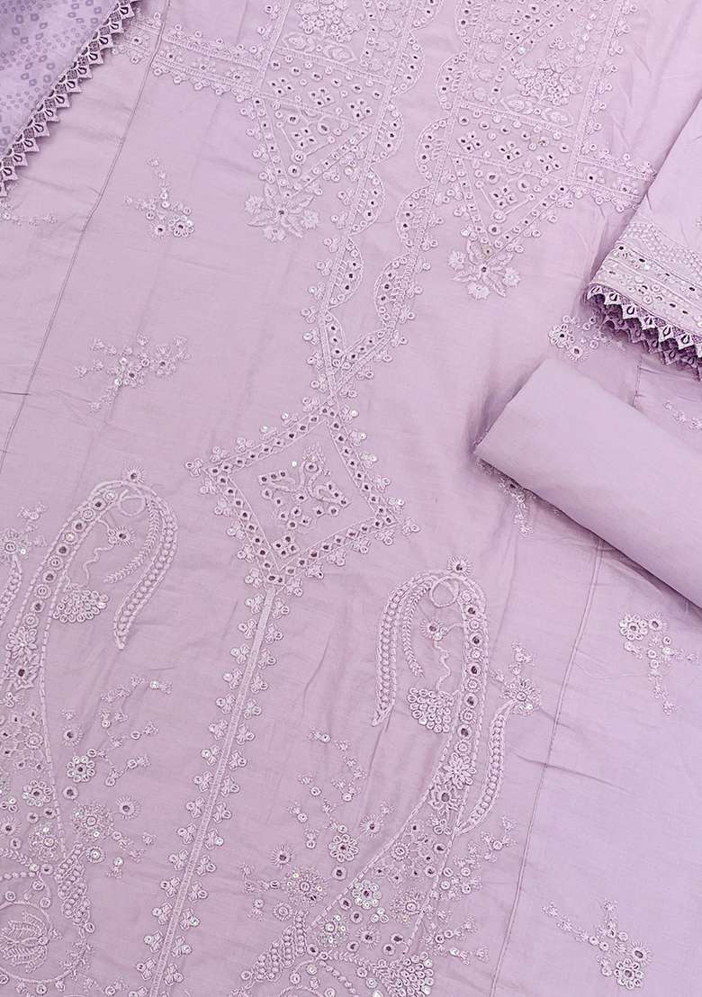 Light Lavender Embroidered Cotton Salwar Kameez With Dupatta - Indya
