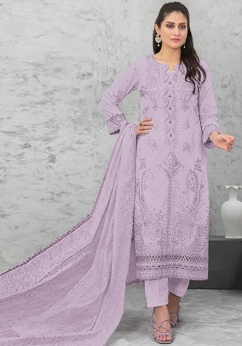 Light Lavender Embroidered Cotton Salwar Kameez With Dupatta