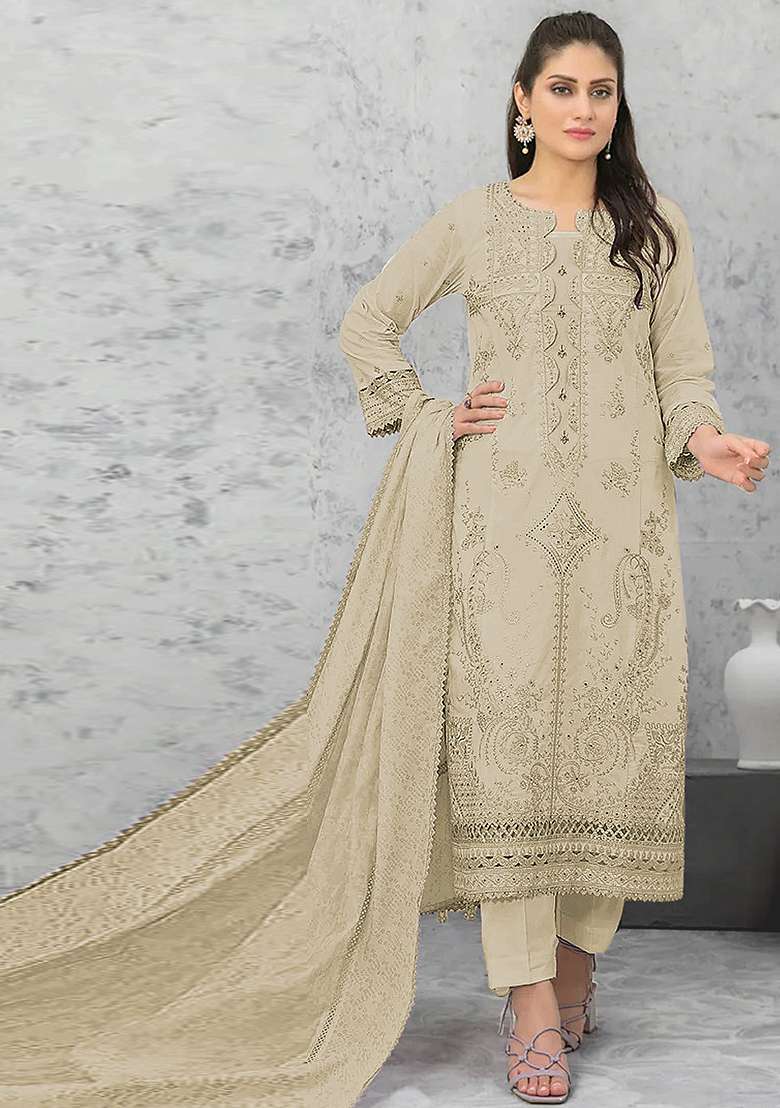 Cream Embroidered Cotton Salwar Kameez With Dupatta - Indya