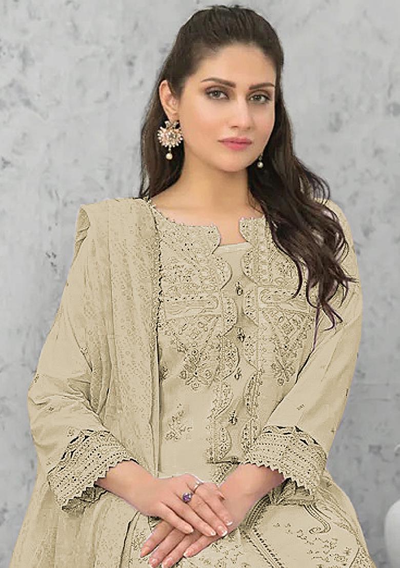 Cream Embroidered Cotton Salwar Kameez With Dupatta