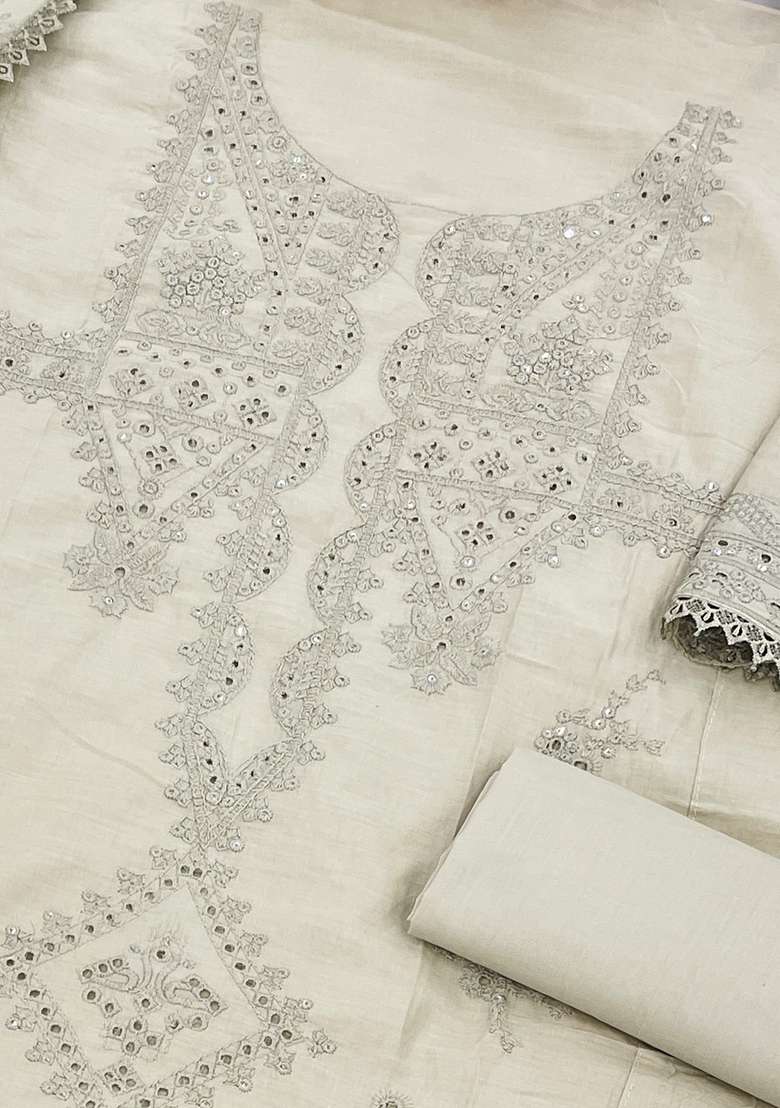 Cream Embroidered Cotton Salwar Kameez With Dupatta - Indya