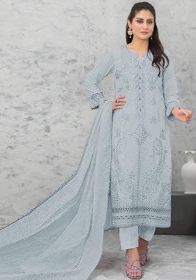 Light Aqua Blue Embroidered Cotton Salwar Kameez With Dupatta