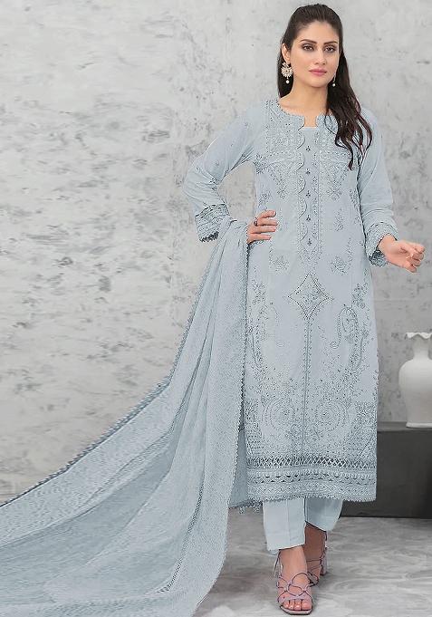 Light Aqua Blue Embroidered Cotton Salwar Kameez With Dupatta