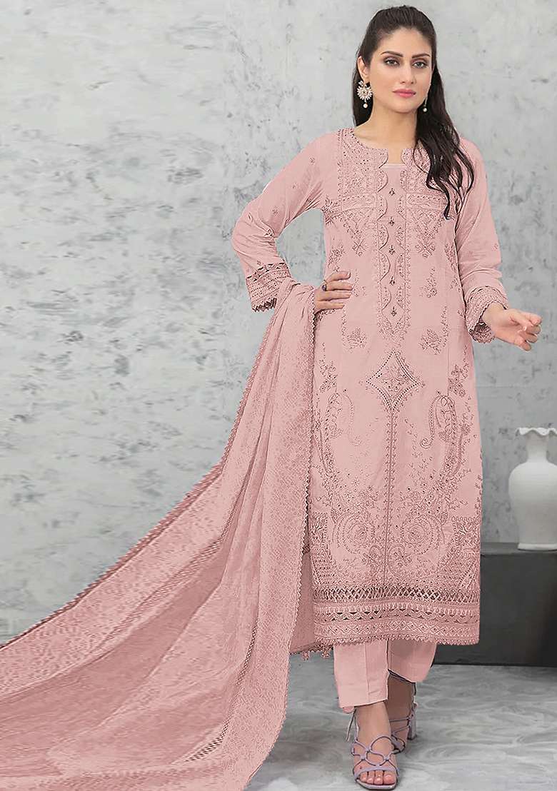 Light Pink Embroidered Cotton Salwar Kameez With Dupatta - Indya