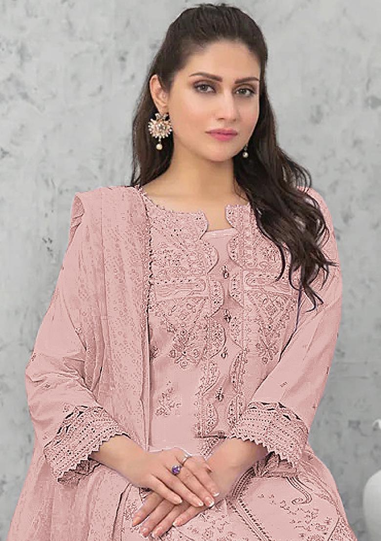 Light Pink Embroidered Cotton Salwar Kameez With Dupatta