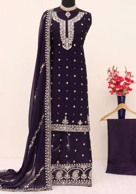 Royal Blue Embroidered Vichitra Palazzo Set With Dupatta