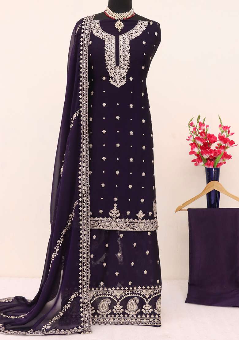Royal Blue Embroidered Vichitra Palazzo Set With Dupatta - Indya