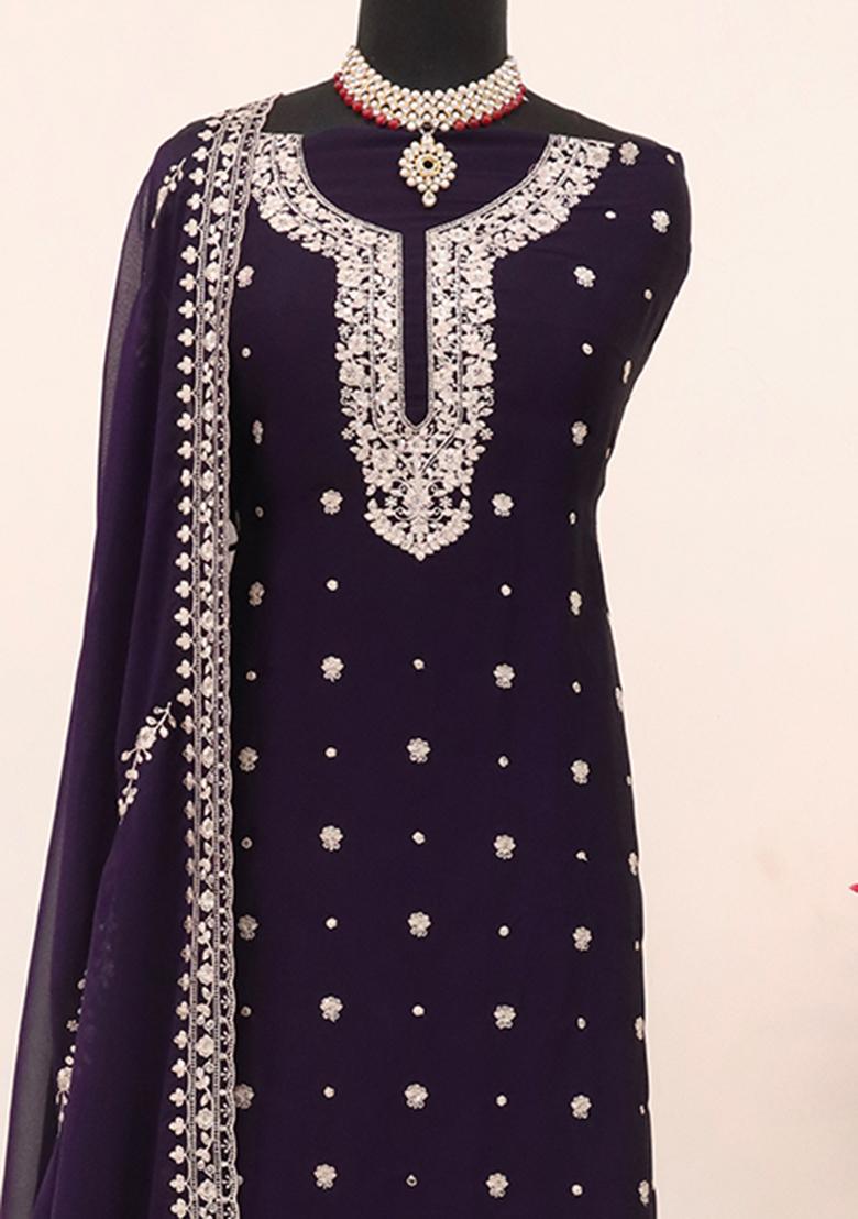 Royal Blue Embroidered Vichitra Palazzo Set With Dupatta