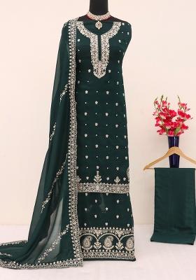 Green Embroidered Vichitra Palazzo Set With Dupatta