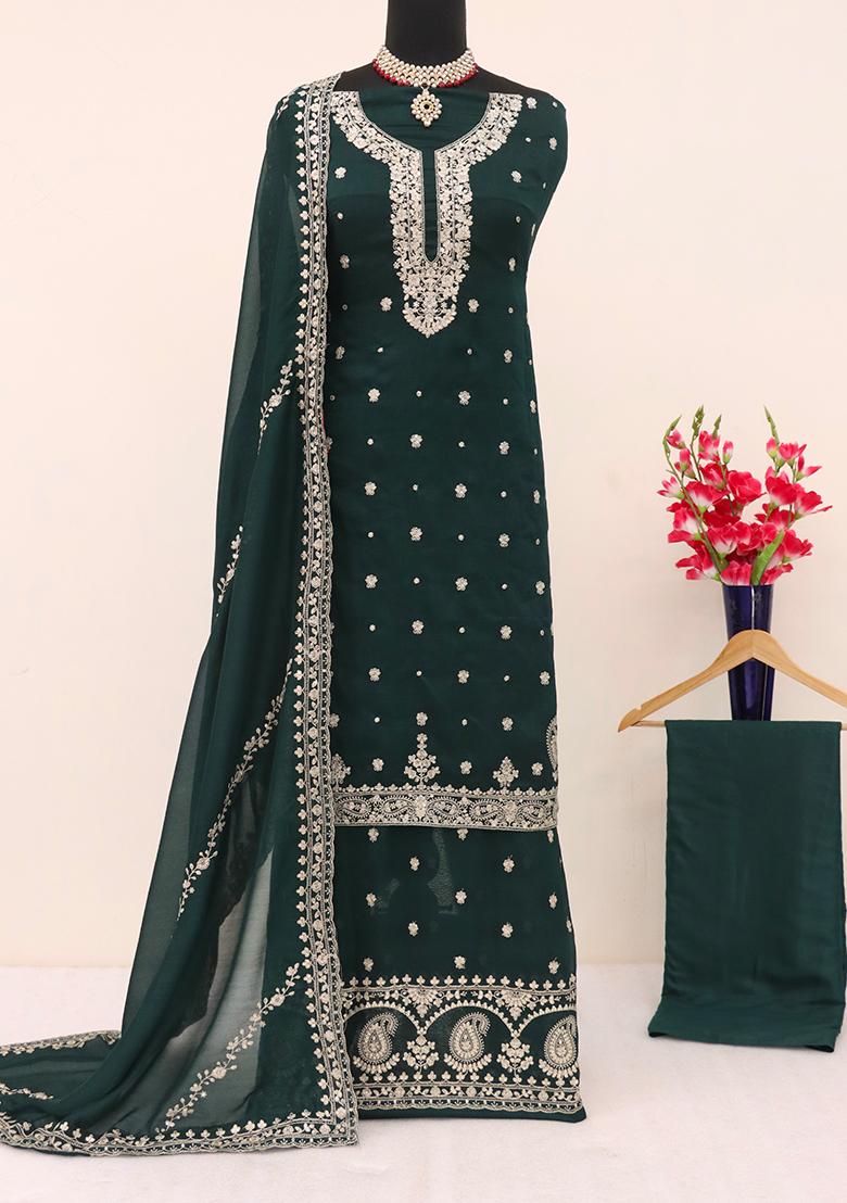 Green Embroidered Vichitra Palazzo Set With Dupatta