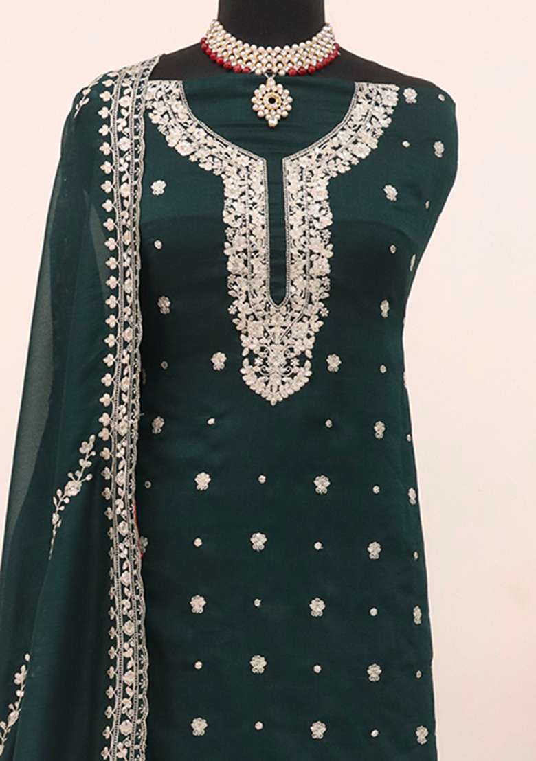 Green Embroidered Vichitra Palazzo Set With Dupatta - Indya