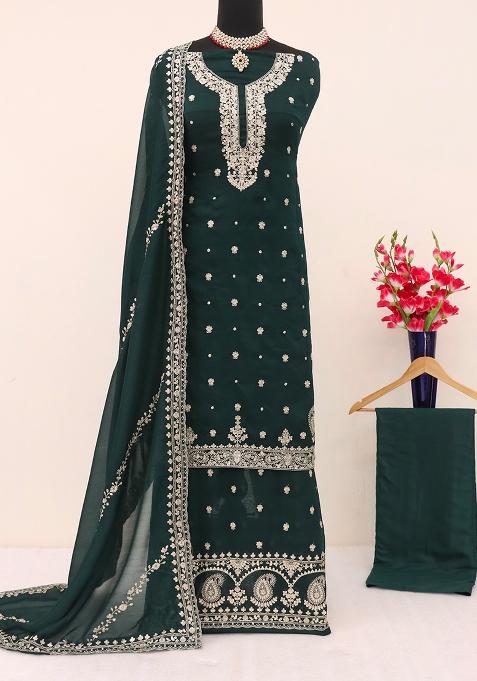 Green Embroidered Vichitra Palazzo Set With Dupatta