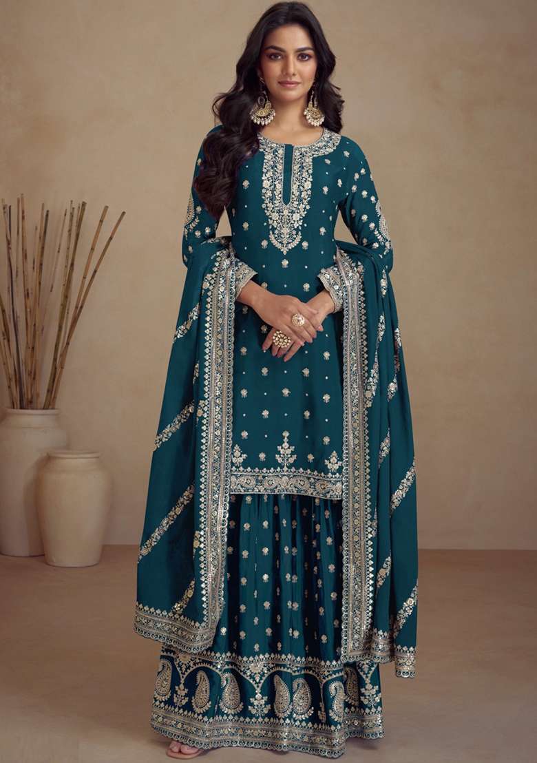 Teal Blue Embroidered Vichitra Palazzo Set With Dupatta - Indya