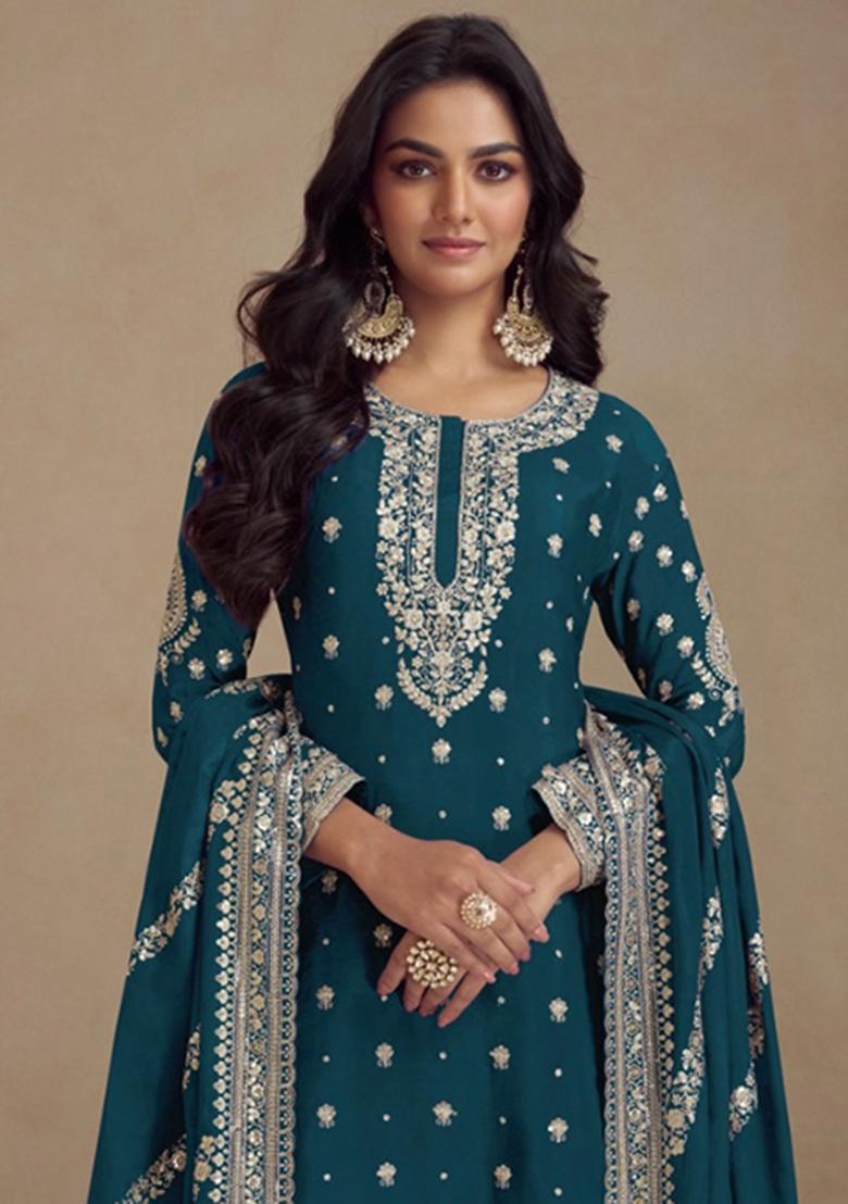 Teal Blue Embroidered Vichitra Palazzo Set With Dupatta