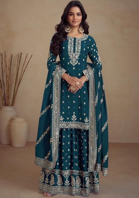 Teal Blue Embroidered Vichitra Palazzo Set With Dupatta