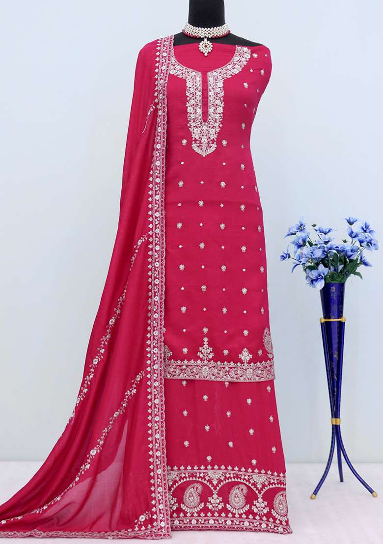 Pink Embroidered Vichitra Palazzo Set With Dupatta - Indya