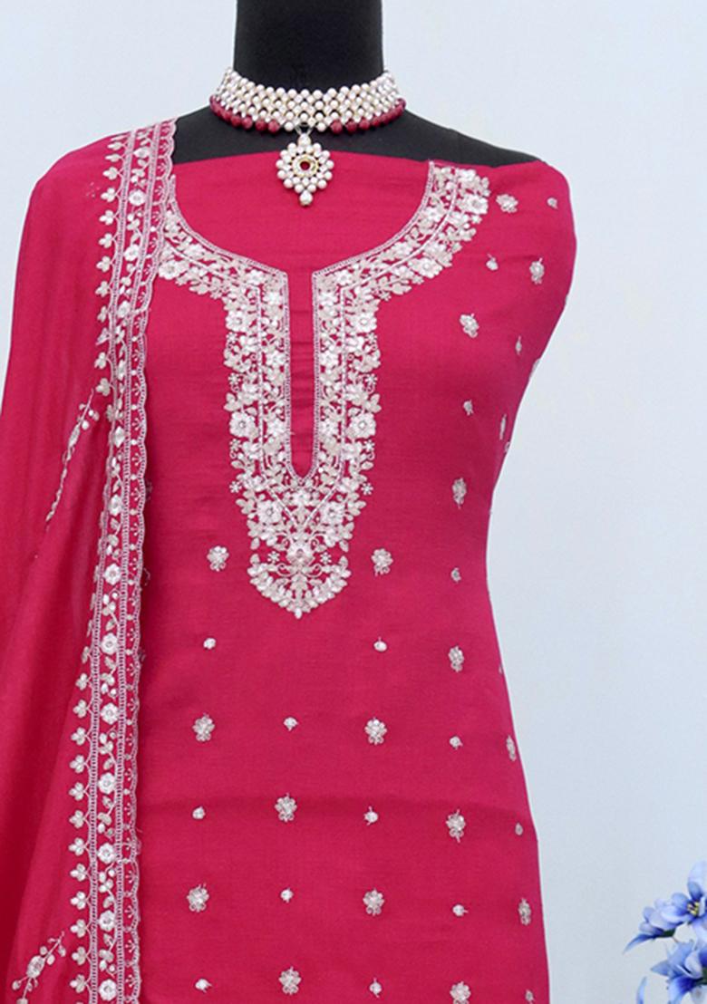 Pink Embroidered Vichitra Palazzo Set With Dupatta