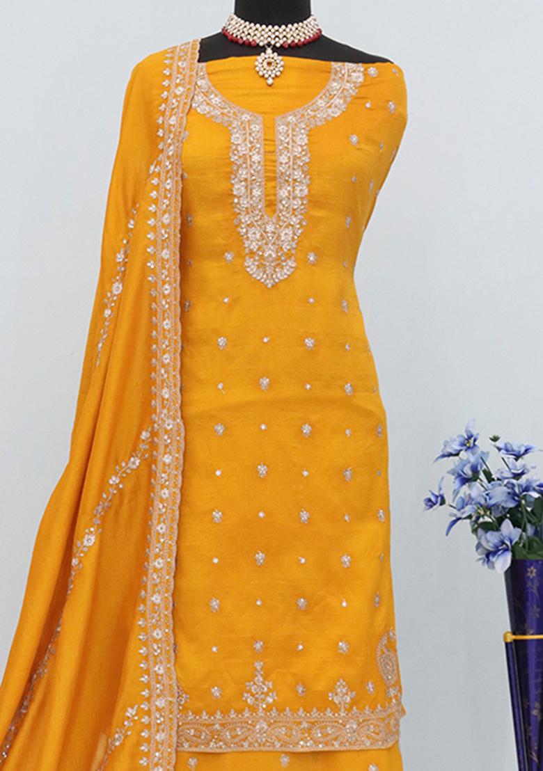 Yellow Embroidered Vichitra Palazzo Set With Dupatta