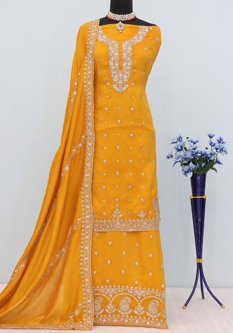 Yellow Embroidered Vichitra Palazzo Set With Dupatta