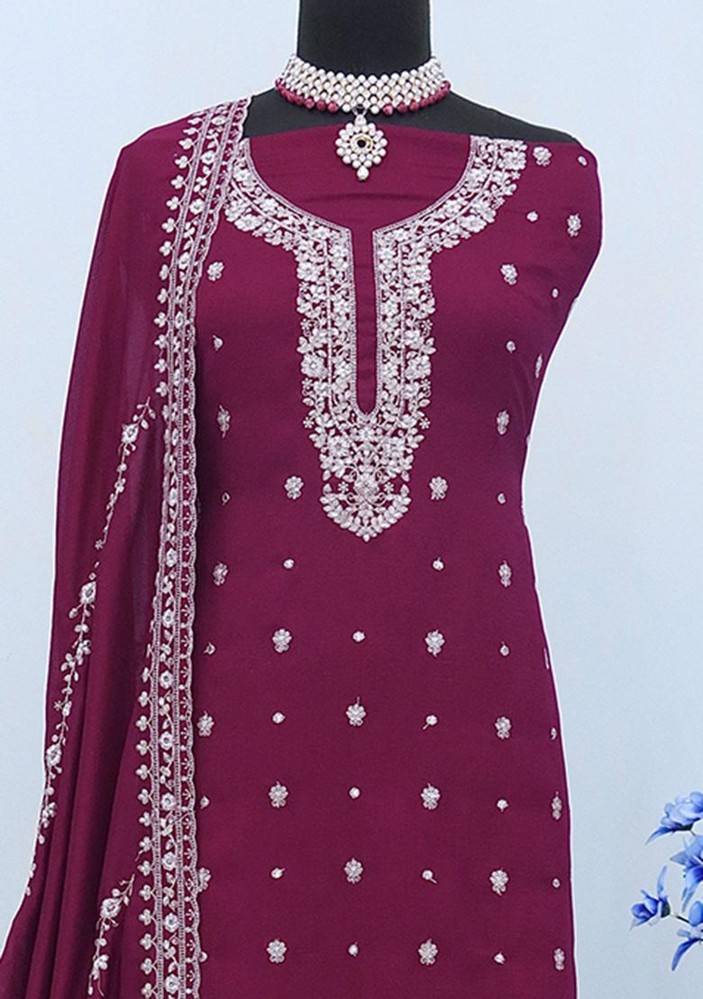 Wine Embroidered Vichitra Palazzo Set With Dupatta