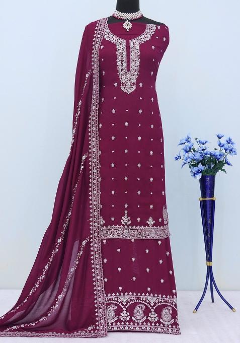 Wine Embroidered Vichitra Palazzo Set With Dupatta