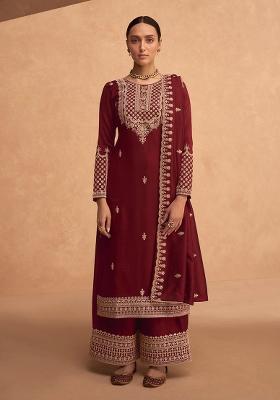 Maroon Embroidered Silk Palazzo Set With Dupatta