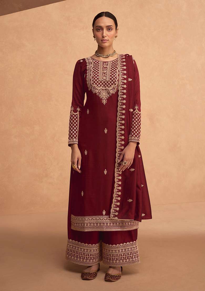 Maroon Embroidered Silk Palazzo Set With Dupatta - Indya