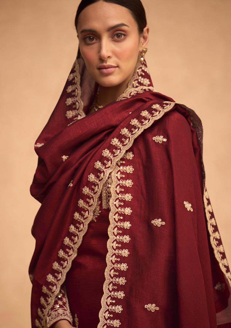 Maroon Embroidered Silk Palazzo Set With Dupatta