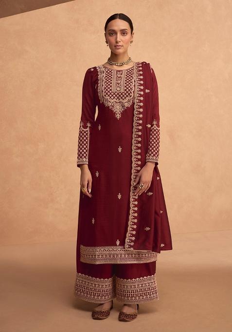 Maroon Embroidered Silk Palazzo Set With Dupatta
