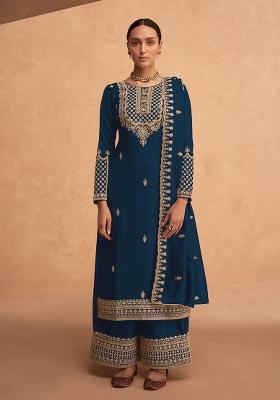Blue Embroidered Silk Palazzo Set With Dupatta