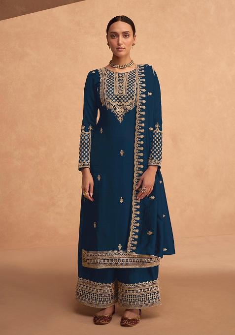 Blue Embroidered Silk Palazzo Set With Dupatta