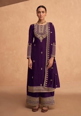 Purple Embroidered Silk Palazzo Set With Dupatta