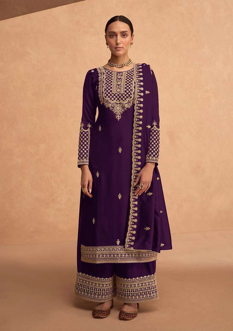 Purple Embroidered Silk Palazzo Set With Dupatta - Indya