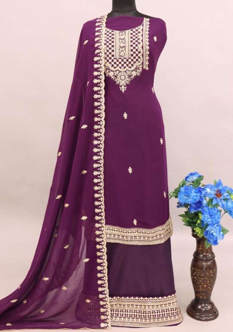 Purple Embroidered Silk Palazzo Set With Dupatta - Indya
