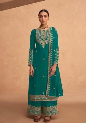 Mint Green Embroidered Silk Palazzo Set With Dupatta