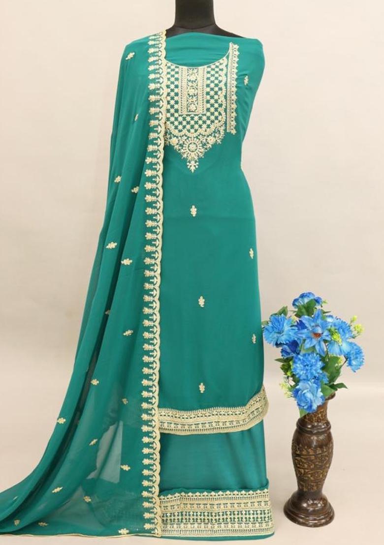 Mint Green Embroidered Silk Palazzo Set With Dupatta
